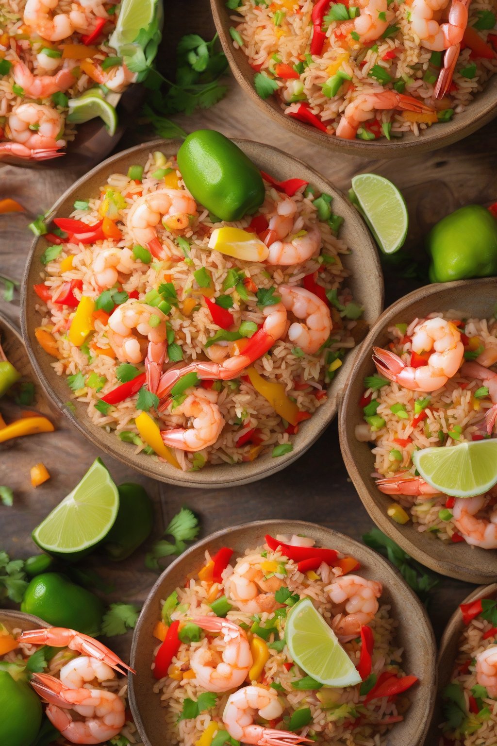 A high-resolution photo of pink shrimp fried rice with vibrant bell peppers, topped with lime under soft lighting.