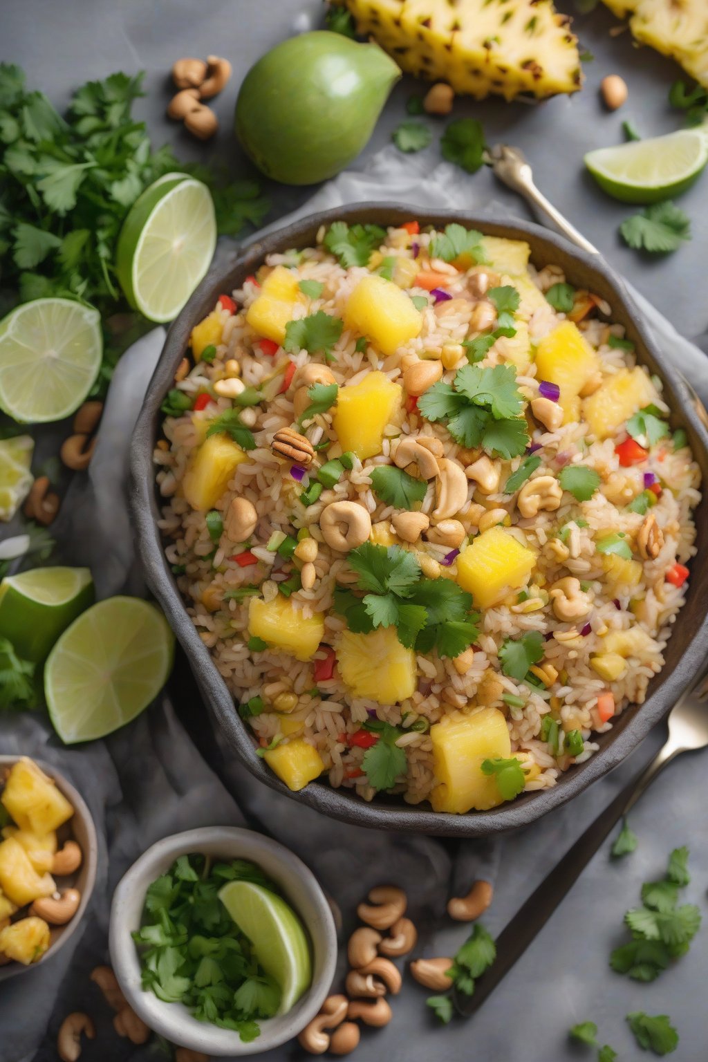 A high-resolution photo of pineapple fried rice with golden chunks of fruit and cashews, garnished with cilantro under soft lighting.