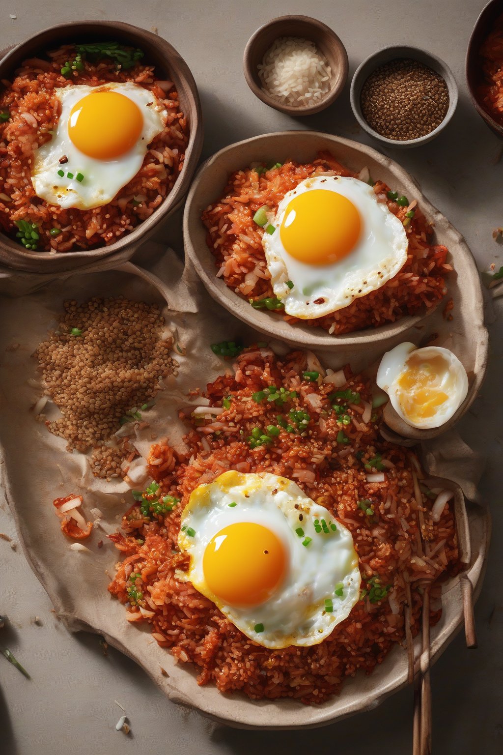 A high-resolution photo of red-hued kimchi fried rice topped with sesame seeds and fried egg under soft lighting.