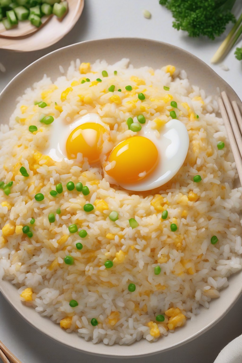 A high-resolution photo of fluffy egg fried rice with scrambled eggs woven through white rice grains under soft lighting.