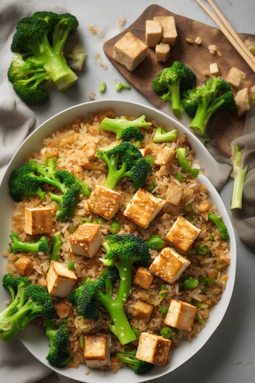 A high-resolution photo of tofu fried rice with browned tofu cubes and green broccoli under soft lighting.