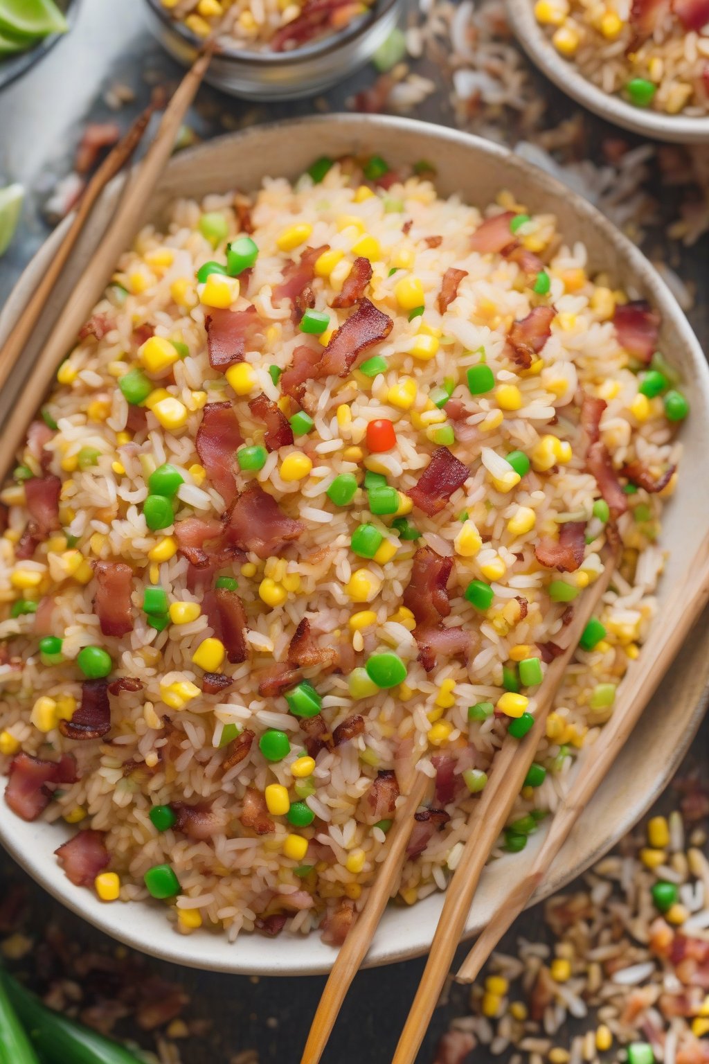 A high-resolution photo of bacon fried rice with crispy bacon bits and colorful corn under soft lighting.