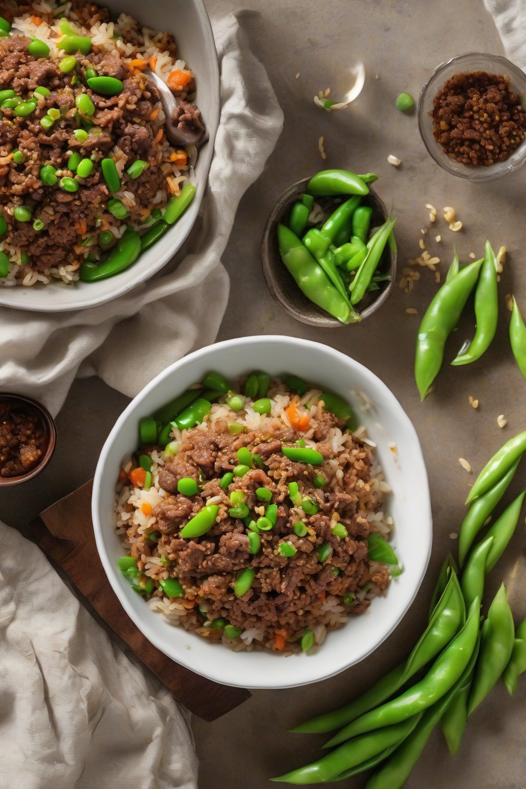 A high-resolution photo of beef fried rice with ground beef crumbles and crisp snap peas under soft lighting.