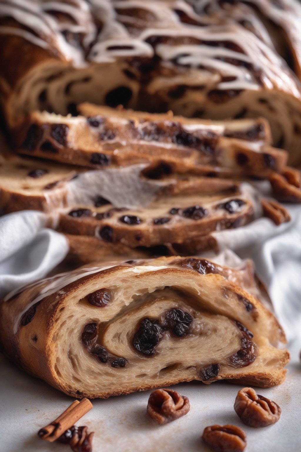 A high-resolution photo of swirled cinnamon raisin sourdough sliced to reveal gooey raisins and spice layers, under soft lighting.