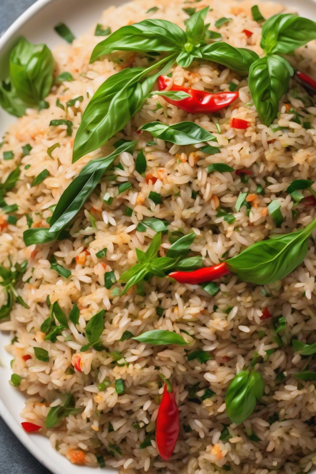 A high-resolution photo of Thai basil fried rice piled high with green basil leaves and chilies under soft lighting.