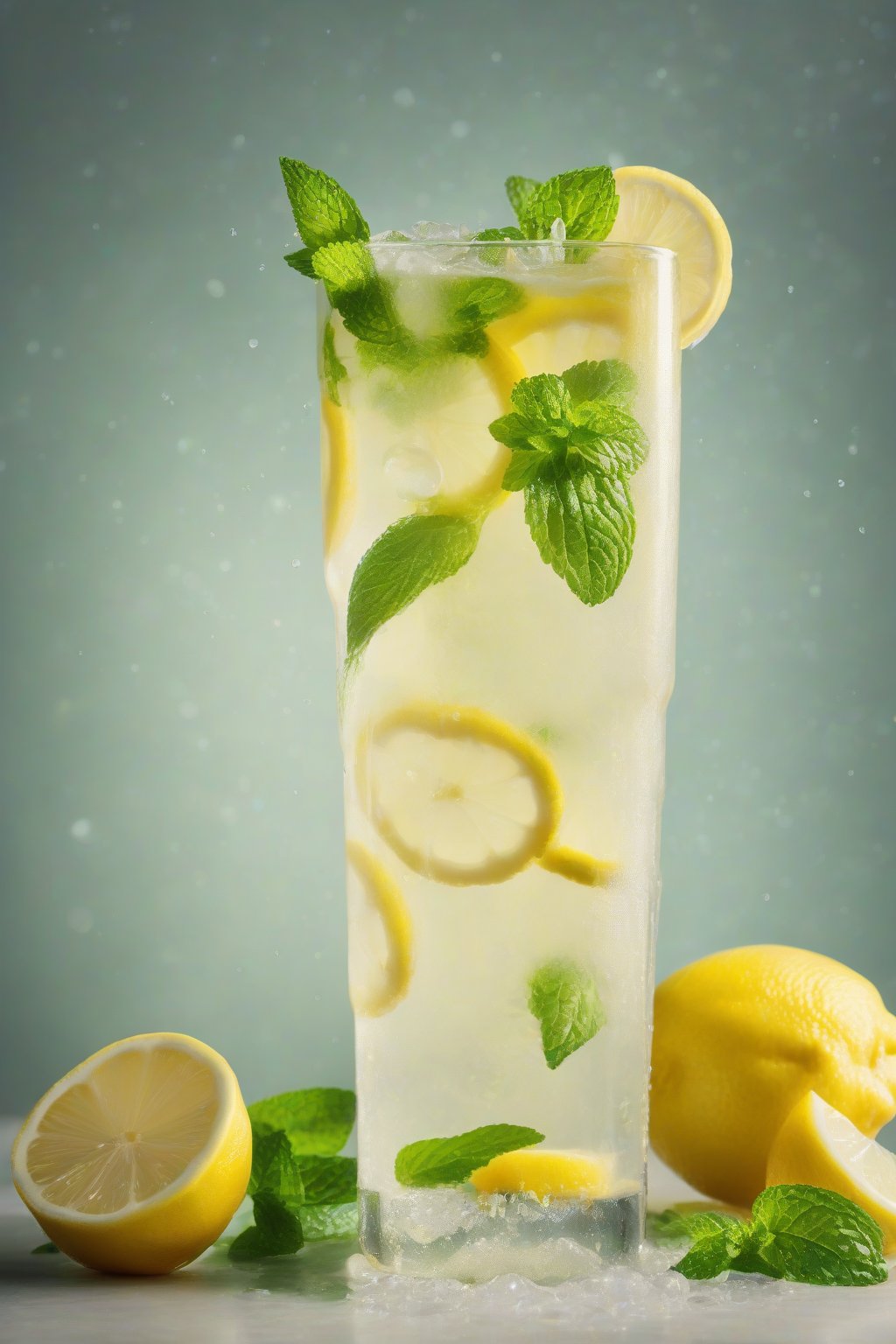 A high-resolution photo of a tall glass of classic homemade lemonade garnished with lemon slices and mint leaves, condensation dripping down the side under soft lighting.