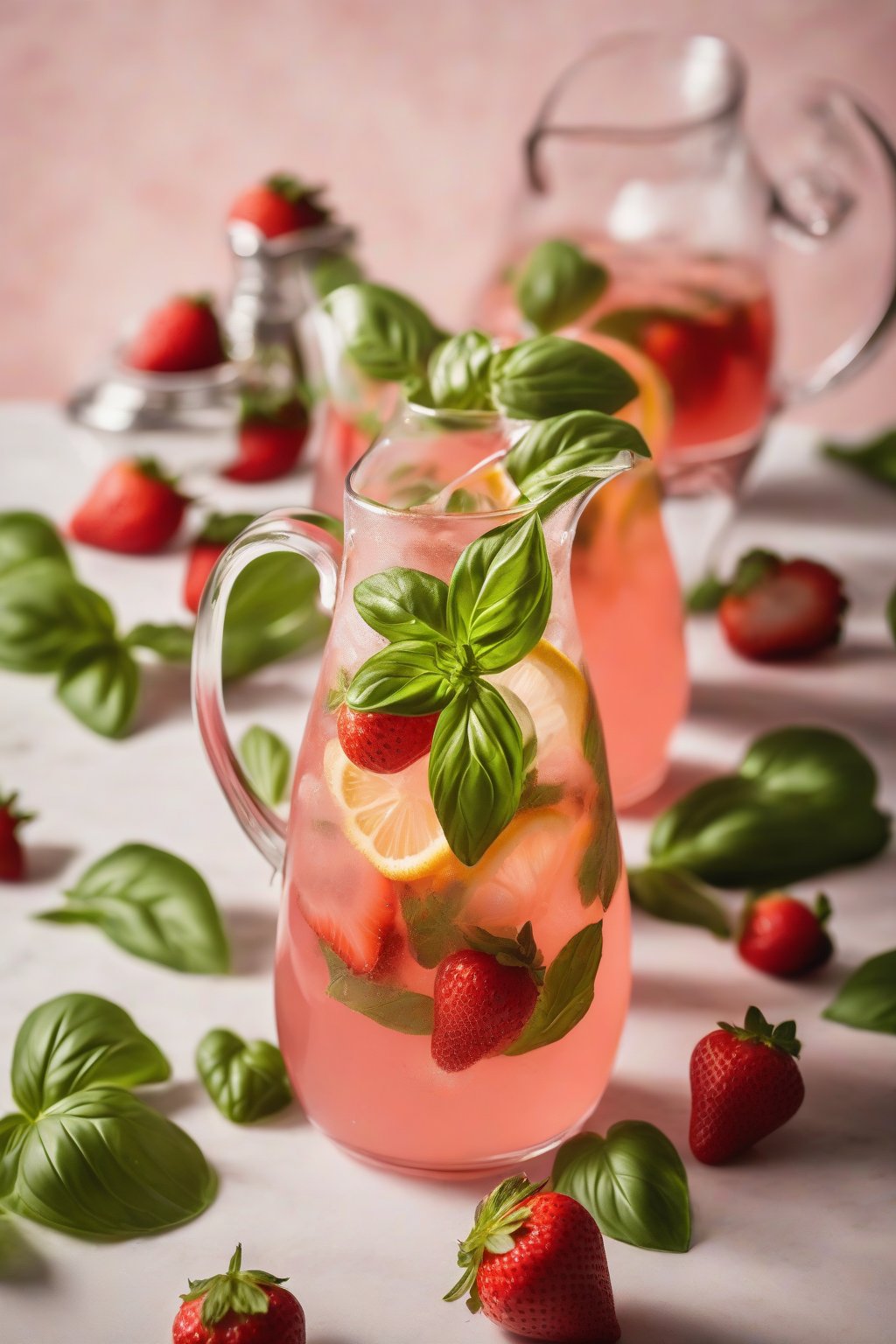 A high-resolution photo of strawberry basil lemonade in a pitcher with floating strawberries and basil sprigs, under soft lighting.