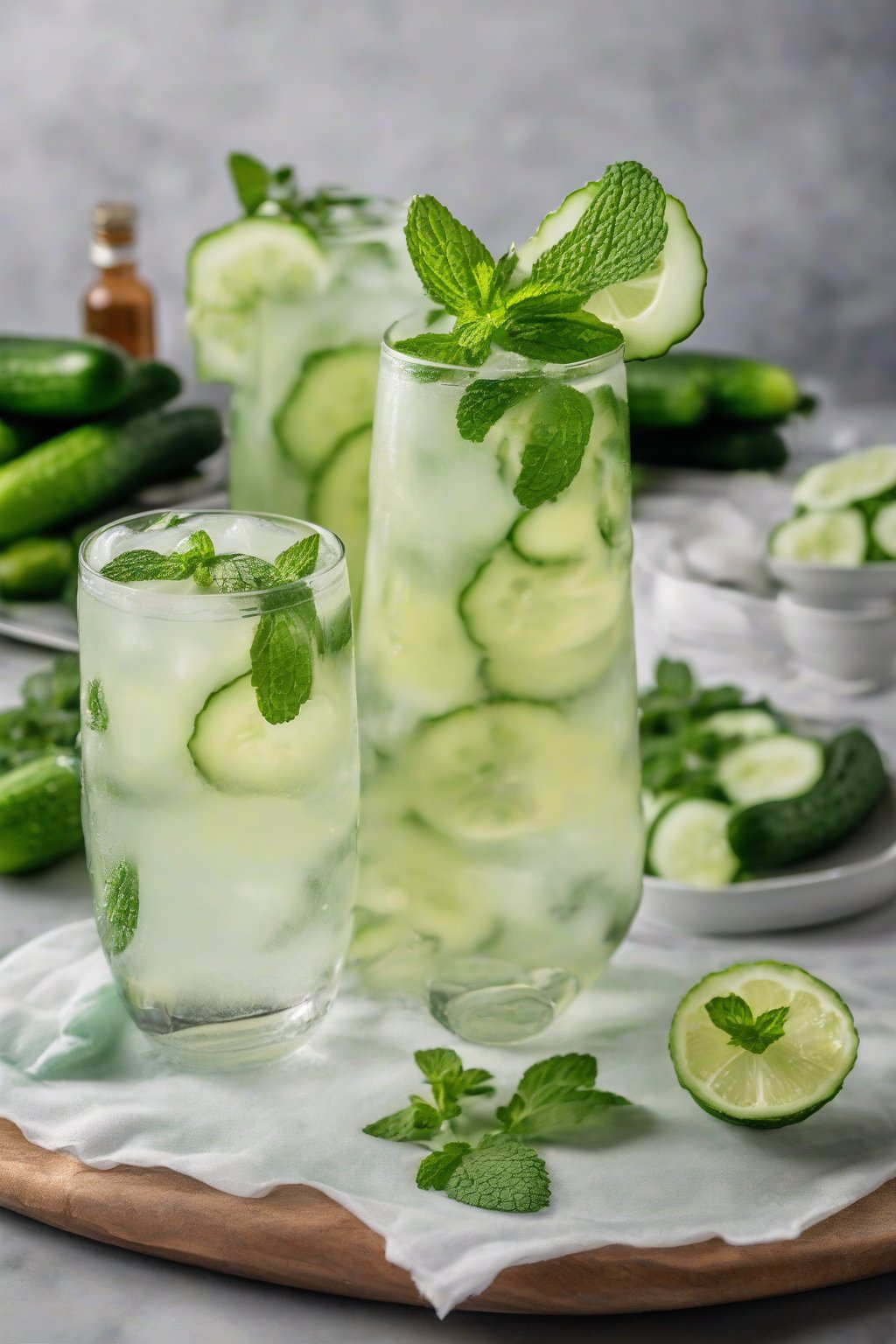 A high-resolution photo of cucumber mint lemonade served in glasses with cucumber wheels and mint garnish, under soft lighting.
