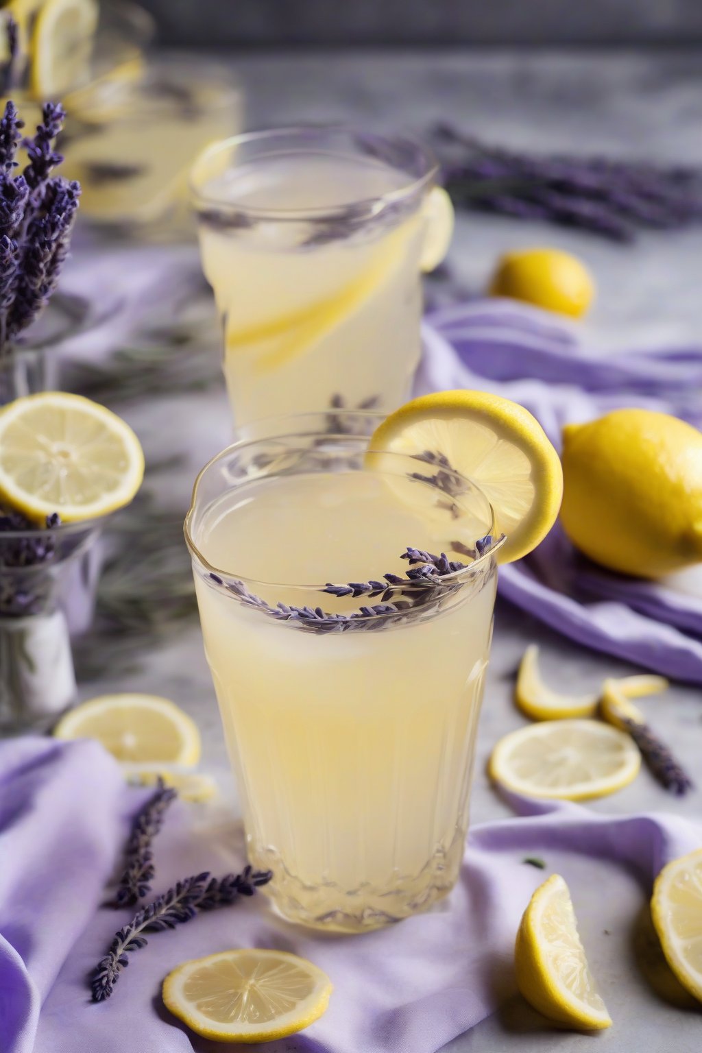 A high-resolution photo of lavender lemonade in elegant glasses with lavender sprigs and lemon twists, under soft lighting.