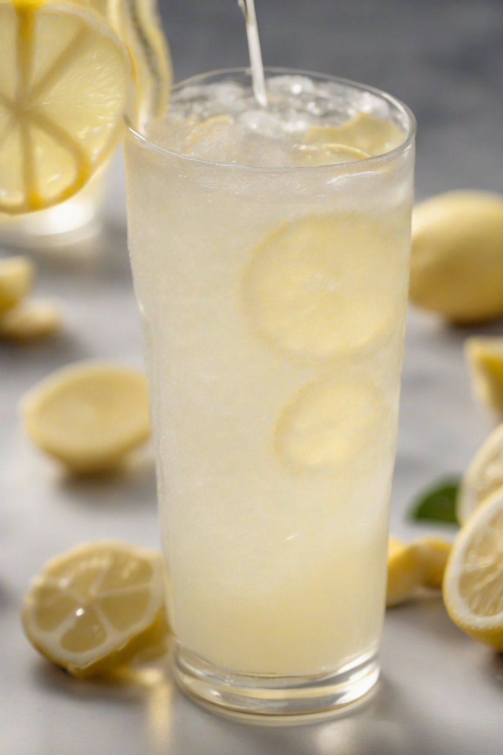 A high-resolution photo of ginger lemonade fizzing slightly in a glass with ginger slices and lemon wedges, under soft lighting.