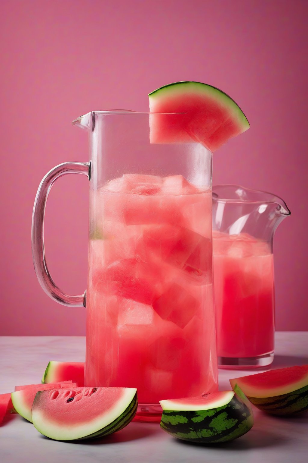 A high-resolution photo of vibrant pink watermelon lemonade in a clear pitcher with watermelon cubes floating, under soft lighting.