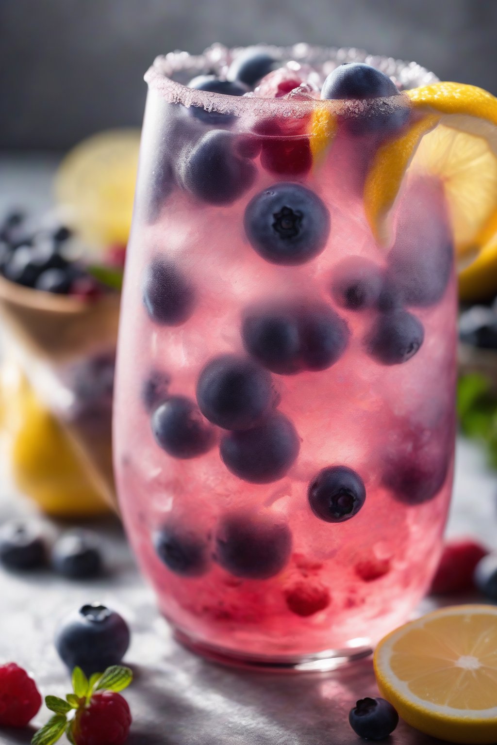 A high-resolution photo of blueberry lemonade swirling with whole berries in a frosty glass, under soft lighting.