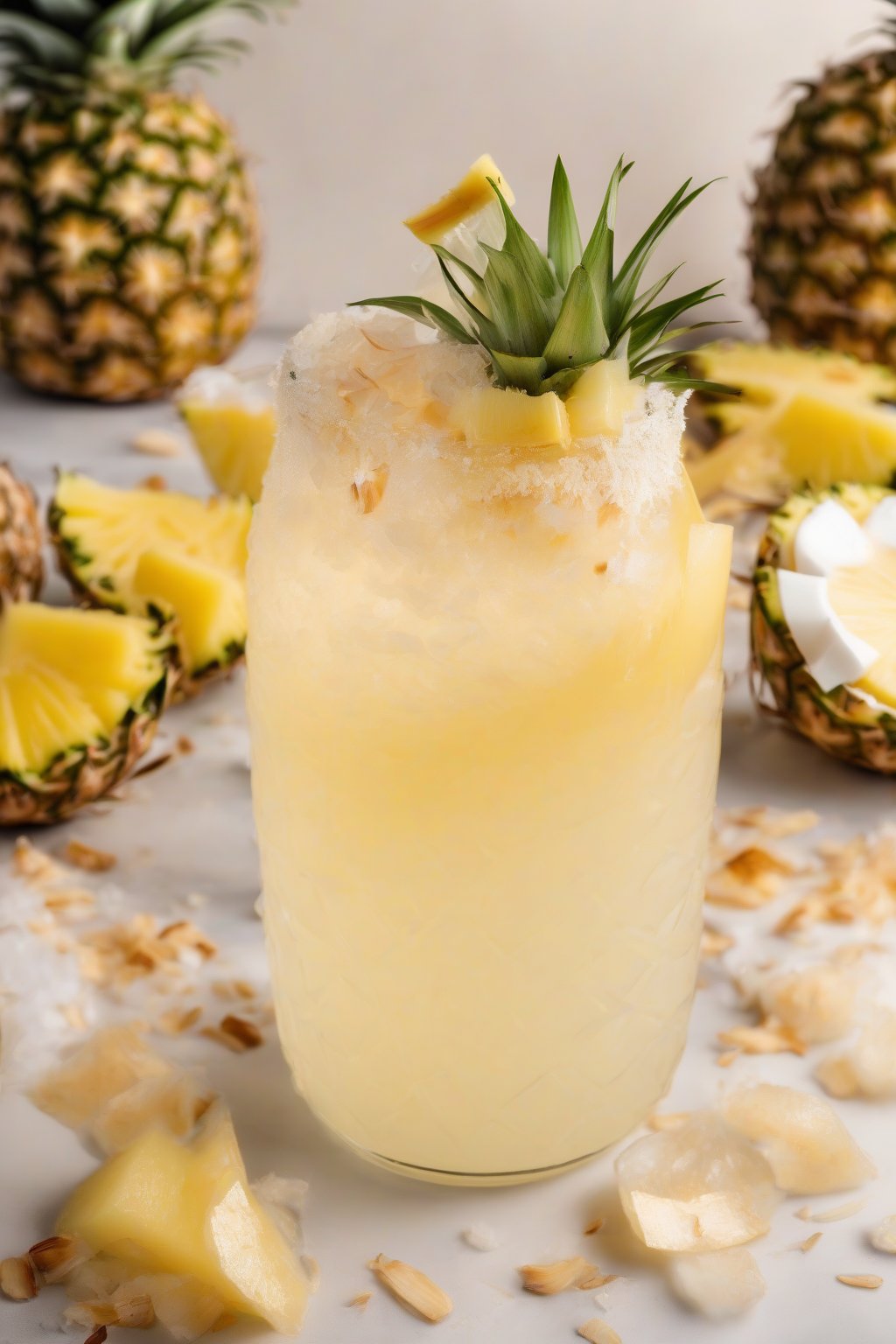 A high-resolution photo of pineapple coconut lemonade topped with pineapple slices and toasted coconut flakes, under soft lighting.