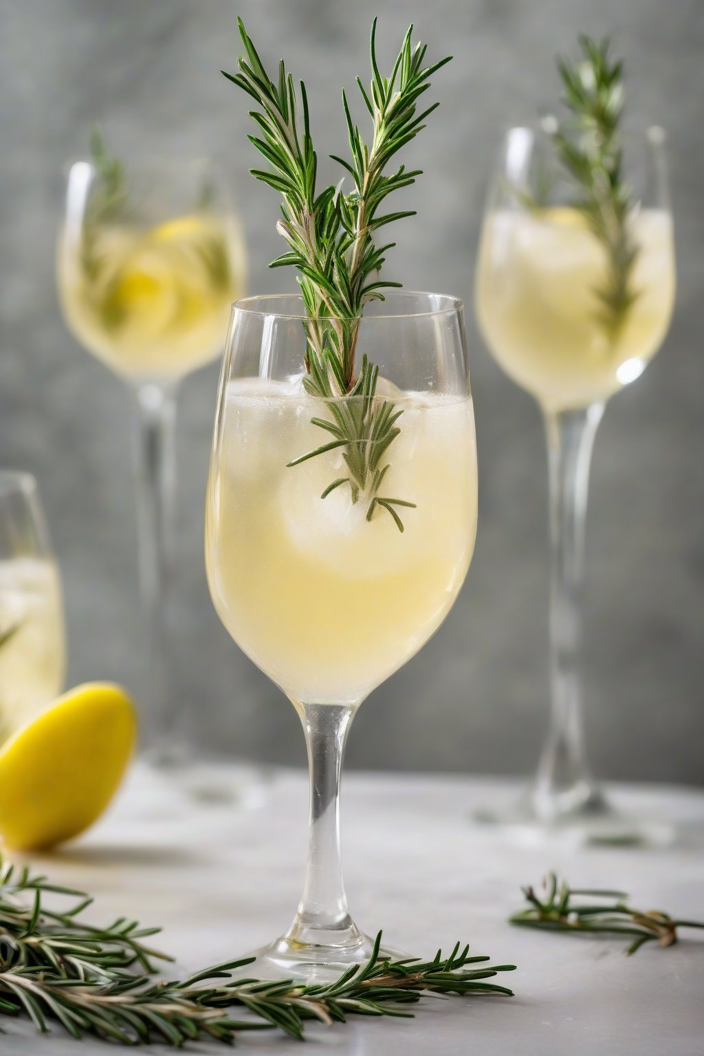 A high-resolution photo of sparkling rosemary lemonade bubbling in wine glasses with rosemary sprigs, under soft lighting.