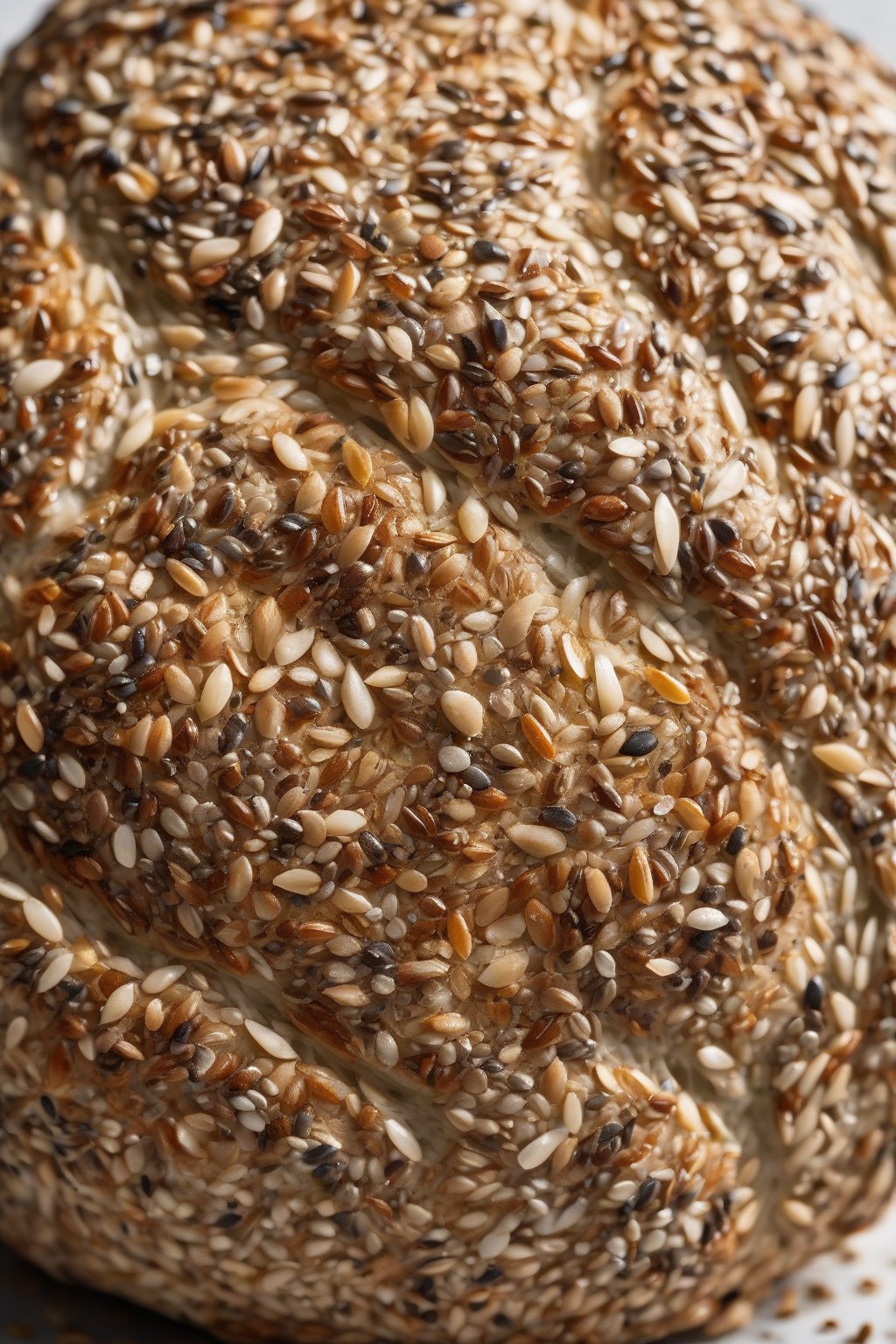 A high-resolution photo of seeded sourdough boule encrusted with shiny seeds, interior crumb visible, under soft lighting.