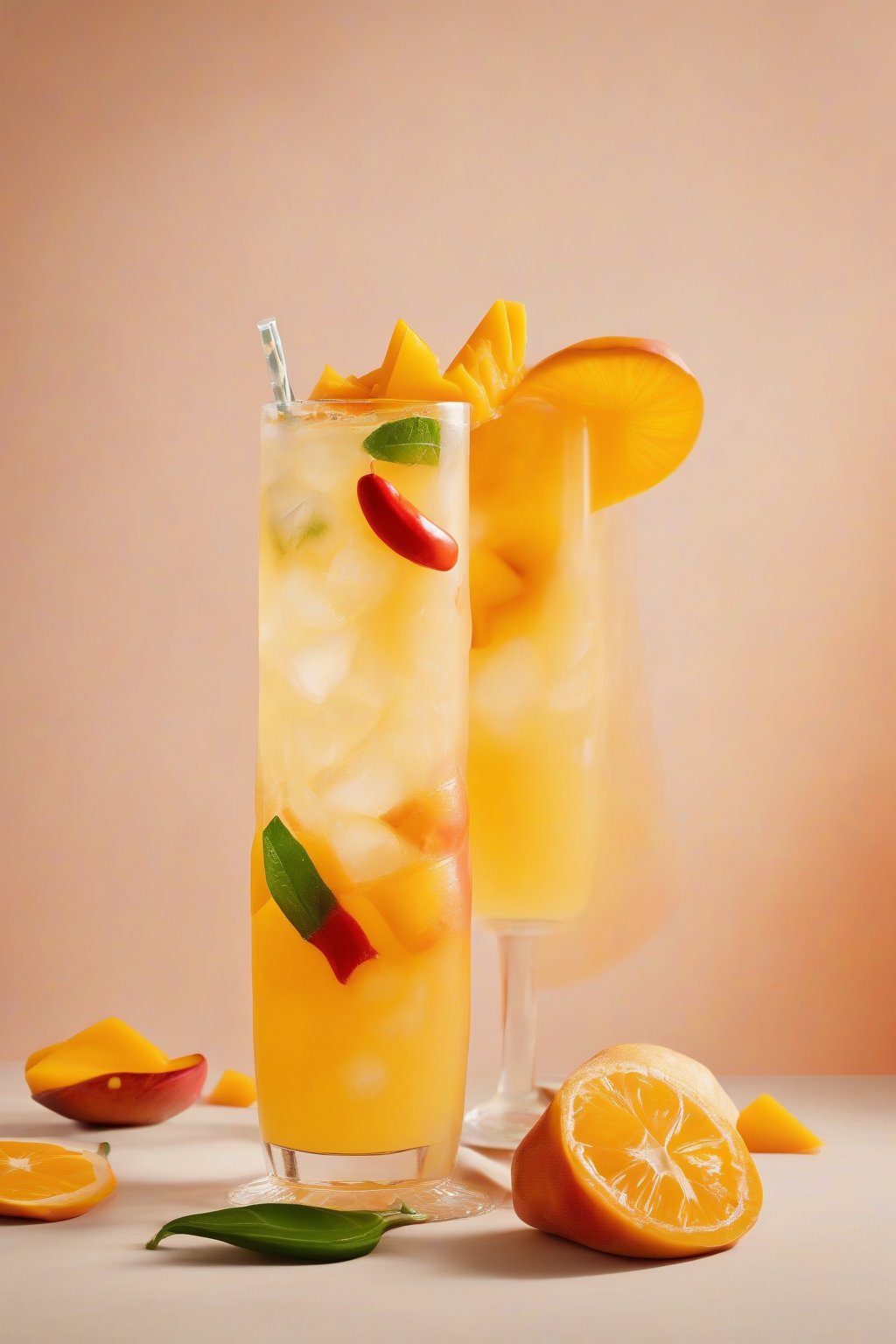 A high-resolution photo of mango chili lemonade with chili rim and mango chunks, vibrant orange hue under soft lighting.