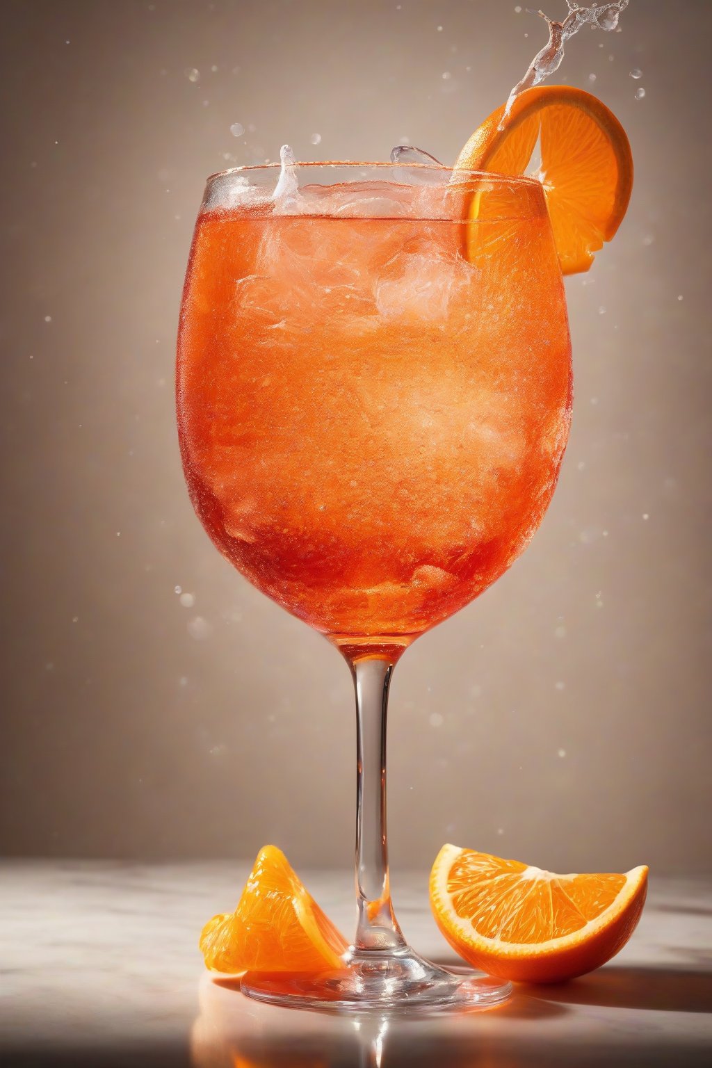A high-resolution photo of a classic Aperol Spritz in a wine glass with an orange slice garnish, bubbles rising under soft lighting.