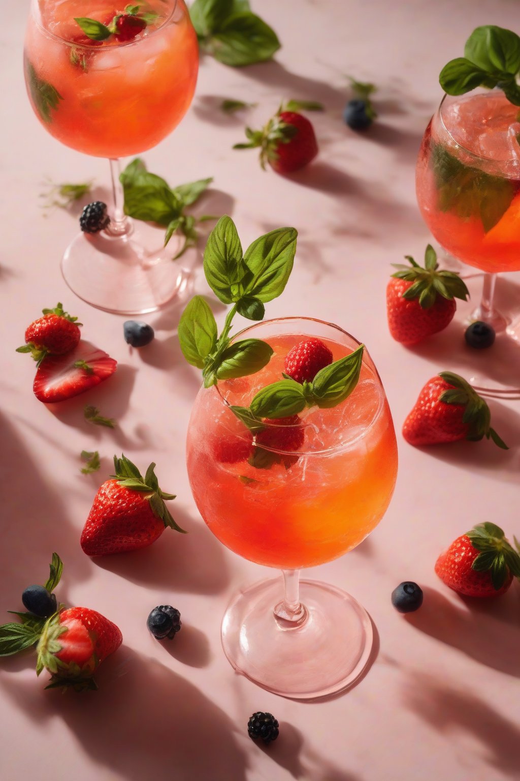 A high-resolution photo of a strawberry basil Aperol Spritz garnished with fresh berries and herbs, pink hues glowing under soft lighting.