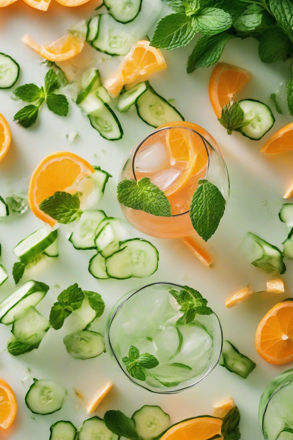 A high-resolution photo of a cucumber mint Aperol Spritz with thin cucumber slices and mint sprigs, fresh green accents under soft lighting.