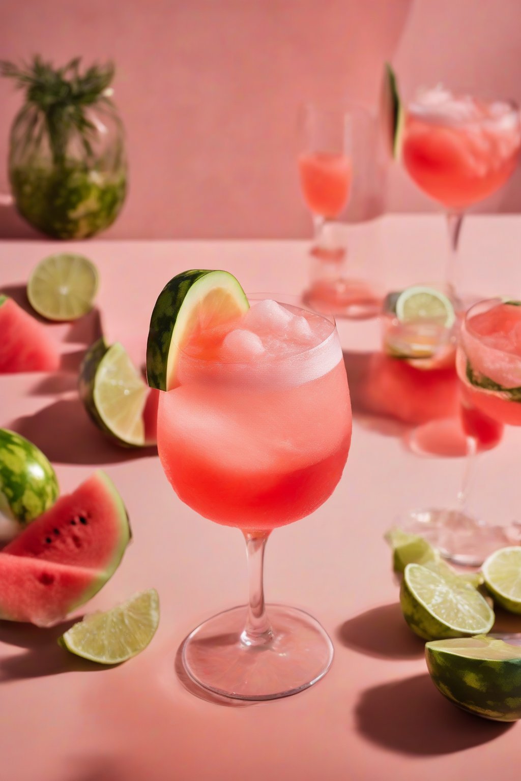 A high-resolution photo of a watermelon Aperol Spritz with juicy pink foam and lime garnish, vibrant under soft lighting.
