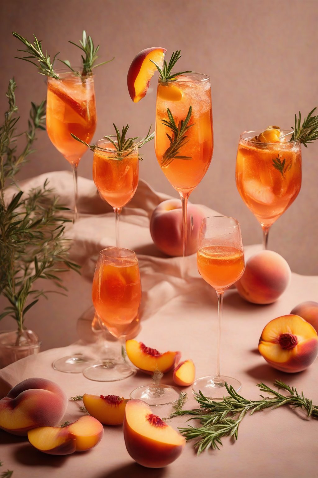 A high-resolution photo of a peach rosemary Aperol Spritz with golden peach slices and herb sprig, warm tones under soft lighting.