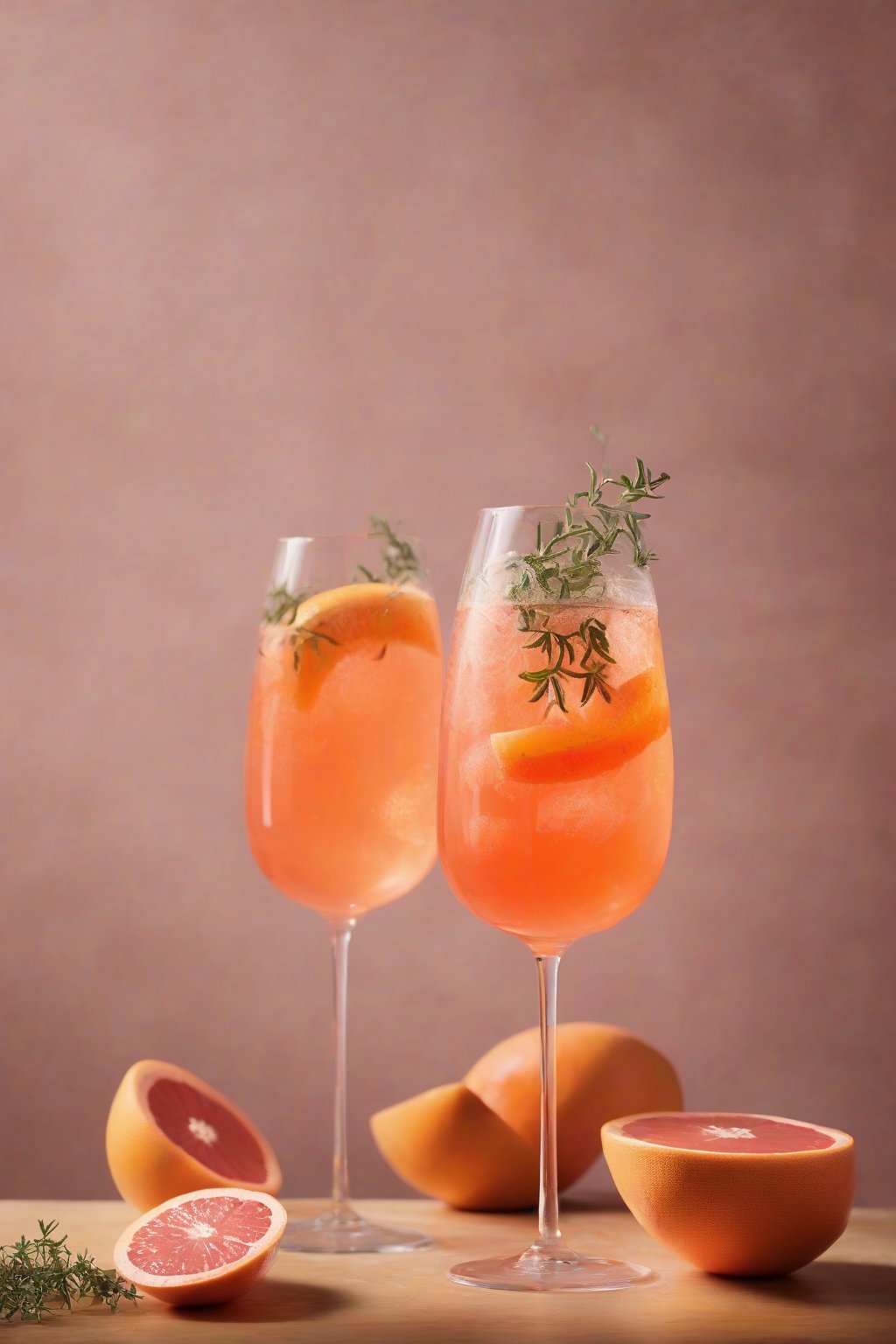 A high-resolution photo of a grapefruit thyme Aperol Spritz with pink grapefruit segments and thyme, citrus brightness under soft lighting.