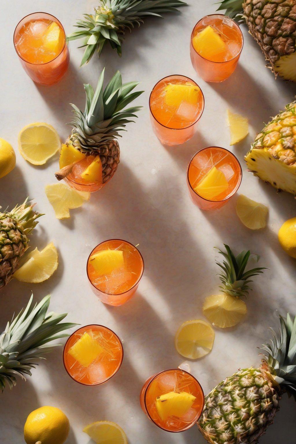 A high-resolution photo of a pineapple ginger Aperol Spritz topped with grated ginger and pineapple wedge, sunny yellow under soft lighting.