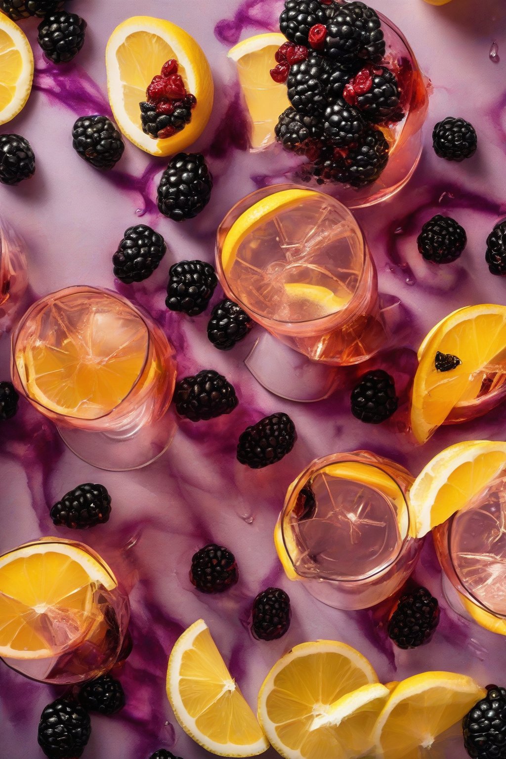 A high-resolution photo of a blackberry lemon Aperol Spritz with crushed berries and lemon peel, deep purple swirls under soft lighting.