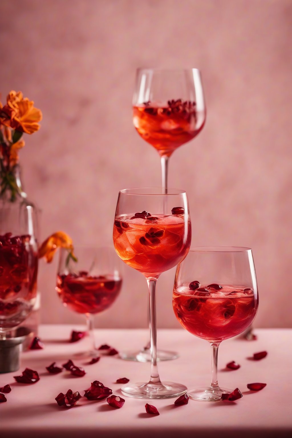 A high-resolution photo of a hibiscus pomegranate Aperol Spritz with floating seeds and ruby red color, floral elegance under soft lighting.