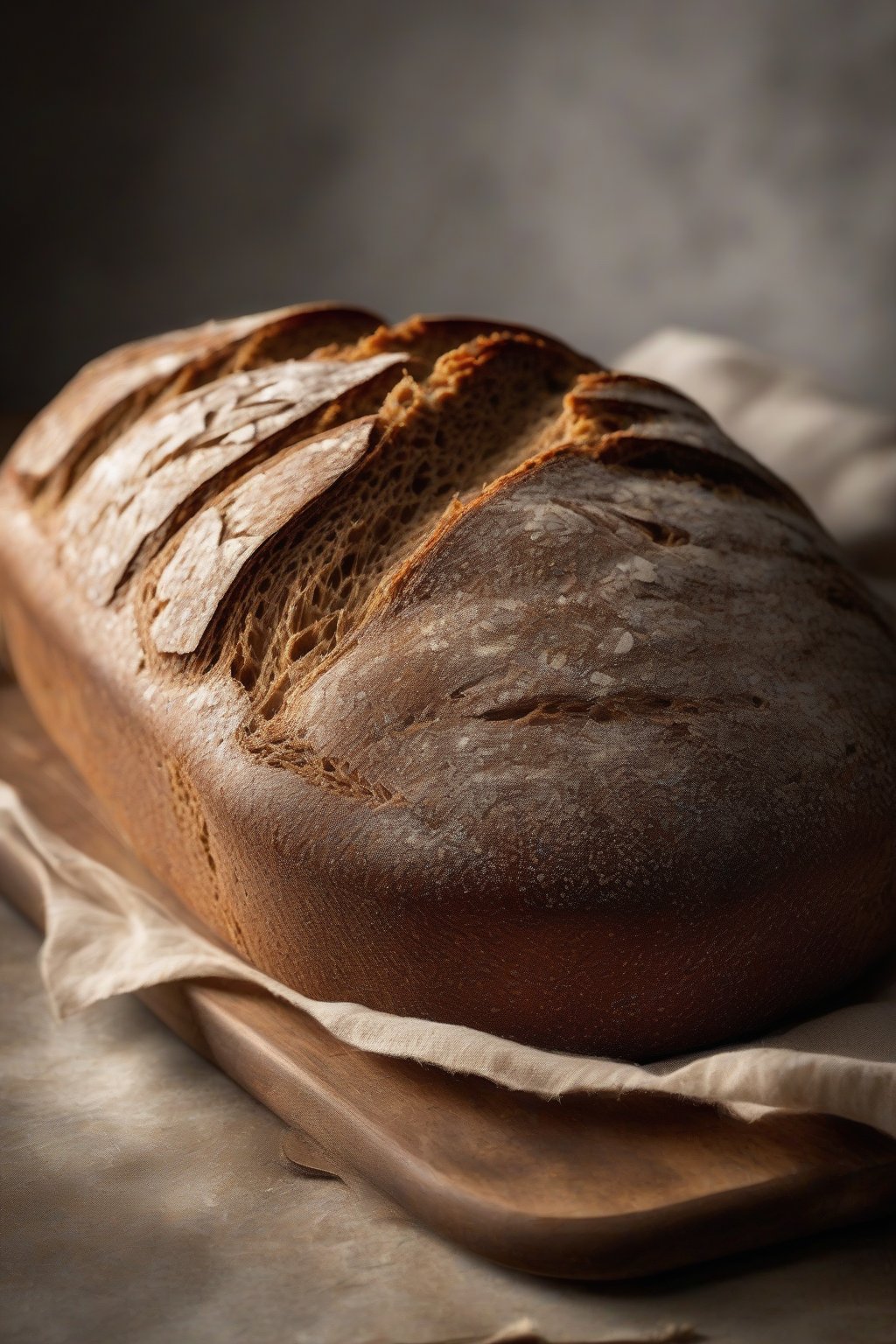 A high-resolution photo of dark, hearty whole wheat sourdough loaf with a glossy crust, under soft lighting.