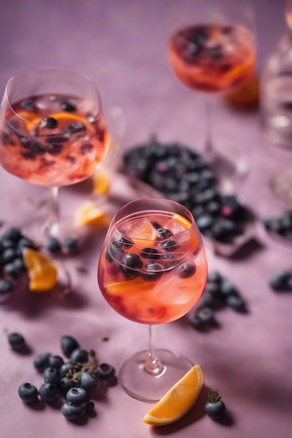 A high-resolution photo of a lavender blueberry Aperol Spritz with muddled berries and subtle purple tint, dreamy under soft lighting.