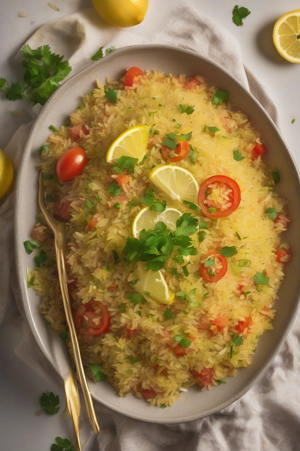 A high-resolution photo of fluffy classic onion tomato poha garnished with lemon wedges and coriander, steam rising, under soft lighting.