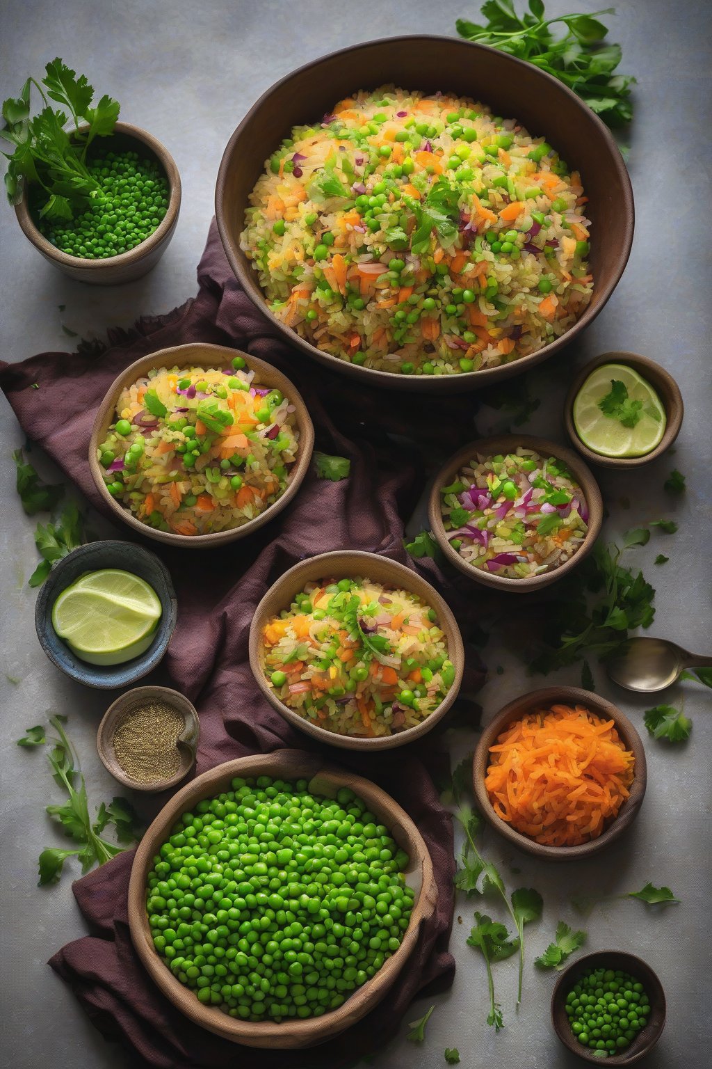 A high-resolution photo of vibrant vegetable-loaded poha with peas, carrots, and beans, topped with fresh herbs, under soft lighting.
