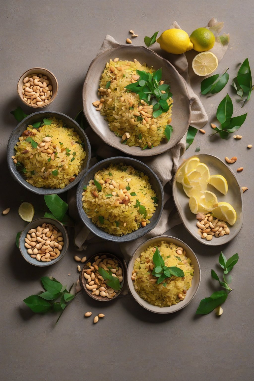 A high-resolution photo of bright lemon peanut poha with crunchy peanuts and curry leaves, lemon slice on side, under soft lighting.