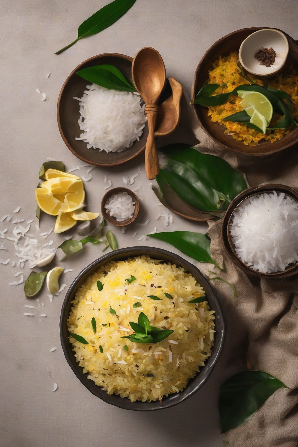 A high-resolution photo of creamy coconut poha sprinkled with fresh grated coconut and curry leaves, under soft lighting.