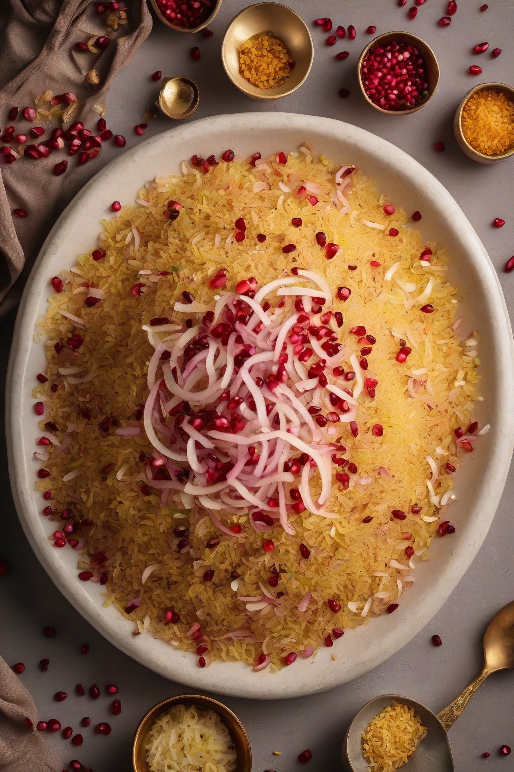 A high-resolution photo of Indori poha piled high with crunchy sev and pomegranate arils, onions scattered, under soft lighting.