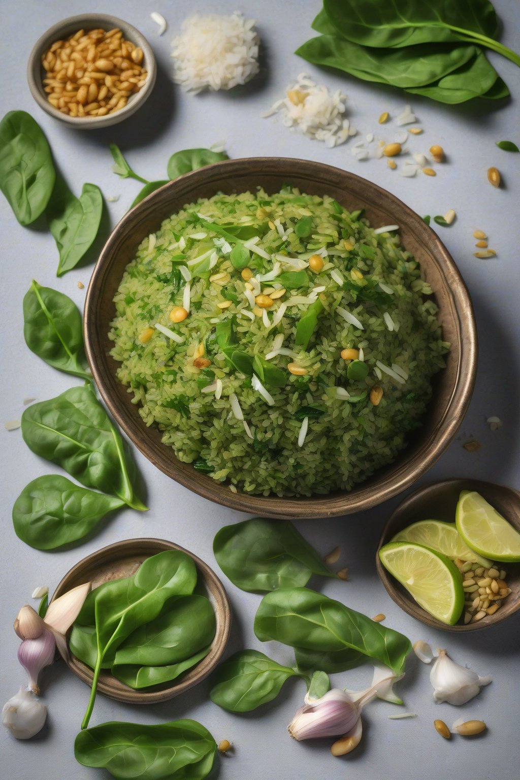 A high-resolution photo of vibrant green spinach poha with fresh leaves and garlic flecks, under soft lighting.
