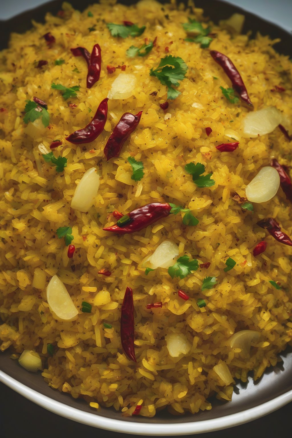 A high-resolution photo of spicy masala poha with golden potato bits and chili flecks, under soft lighting.