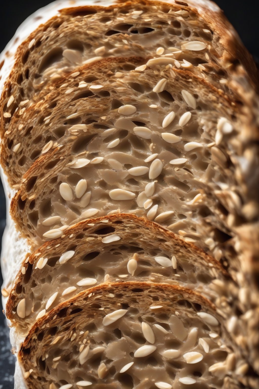 A high-resolution photo of honey oat sourdough with embedded oats, sliced to show soft crumb, under soft lighting.