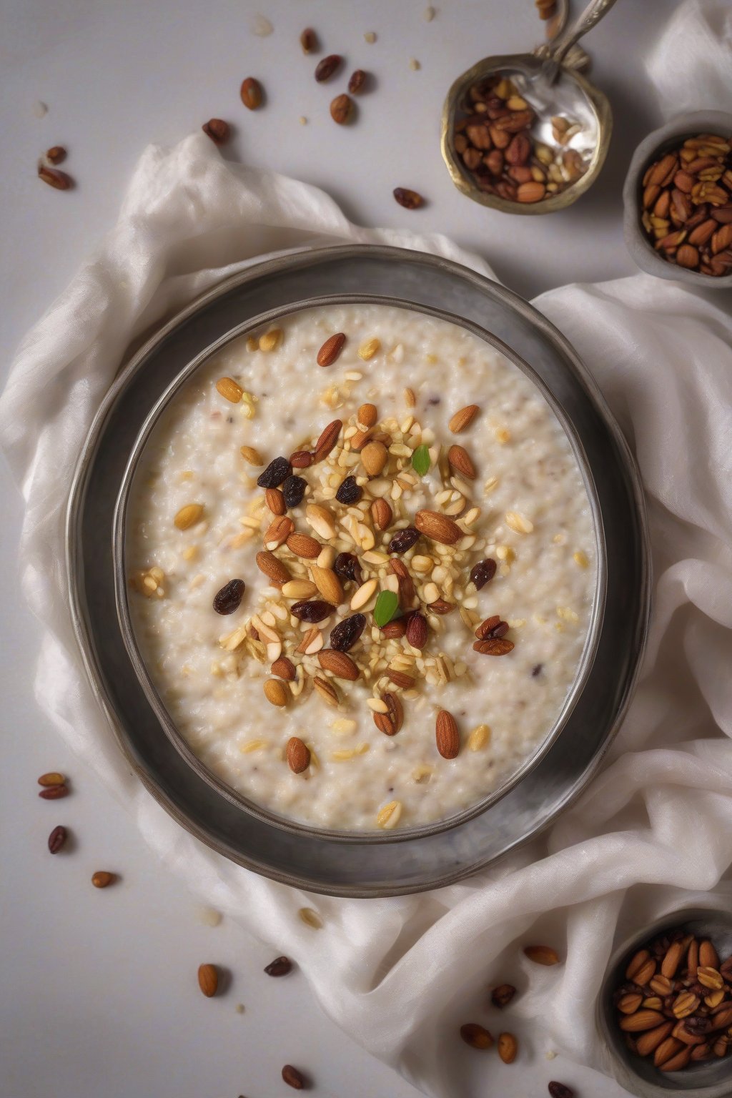 A high-resolution photo of creamy sweet poha kheer with nuts, raisins, and cardamom dusting, under soft lighting.