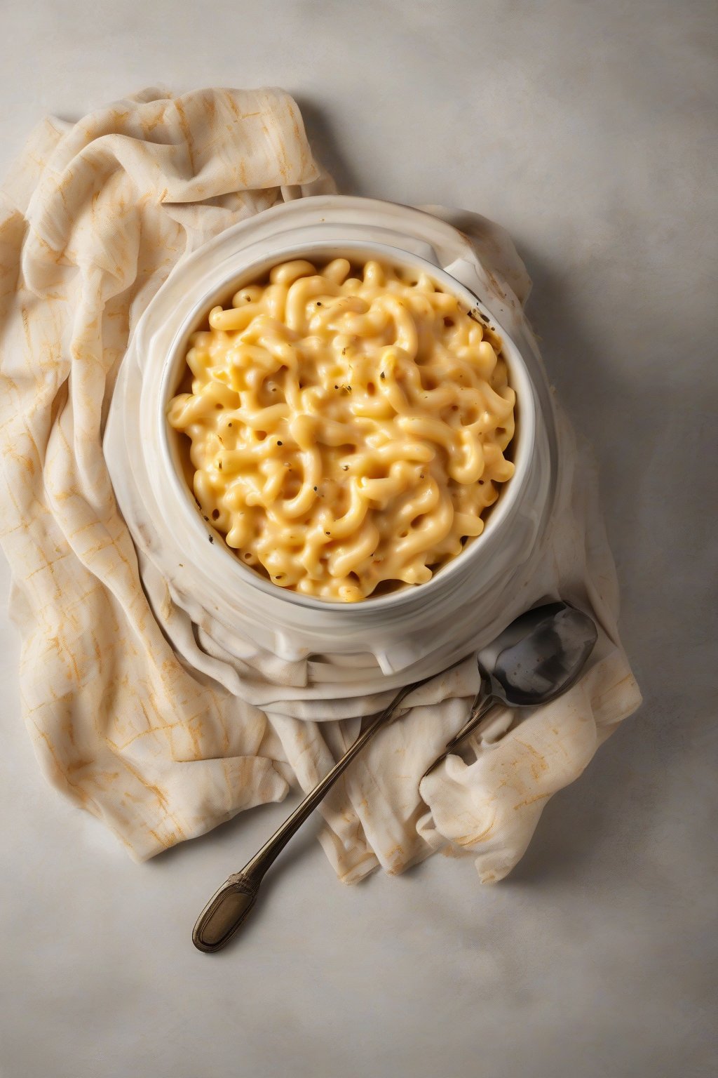 A high-resolution photo of a steaming bowl of classic stovetop mac and cheese, golden and creamy with melted cheddar strands, garnished with black pepper, under soft lighting.