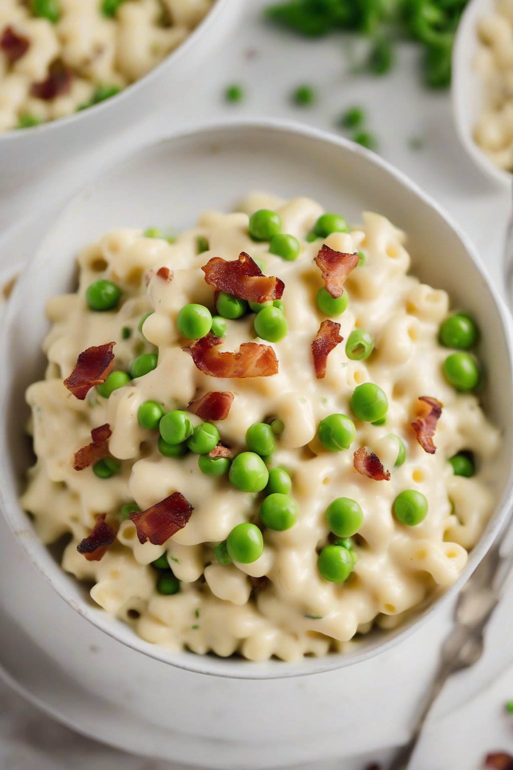 A high-resolution photo of bacon and pea mac and cheese, creamy white sauce with green peas and crispy bacon bits scattered on top, in a white bowl, under soft lighting.