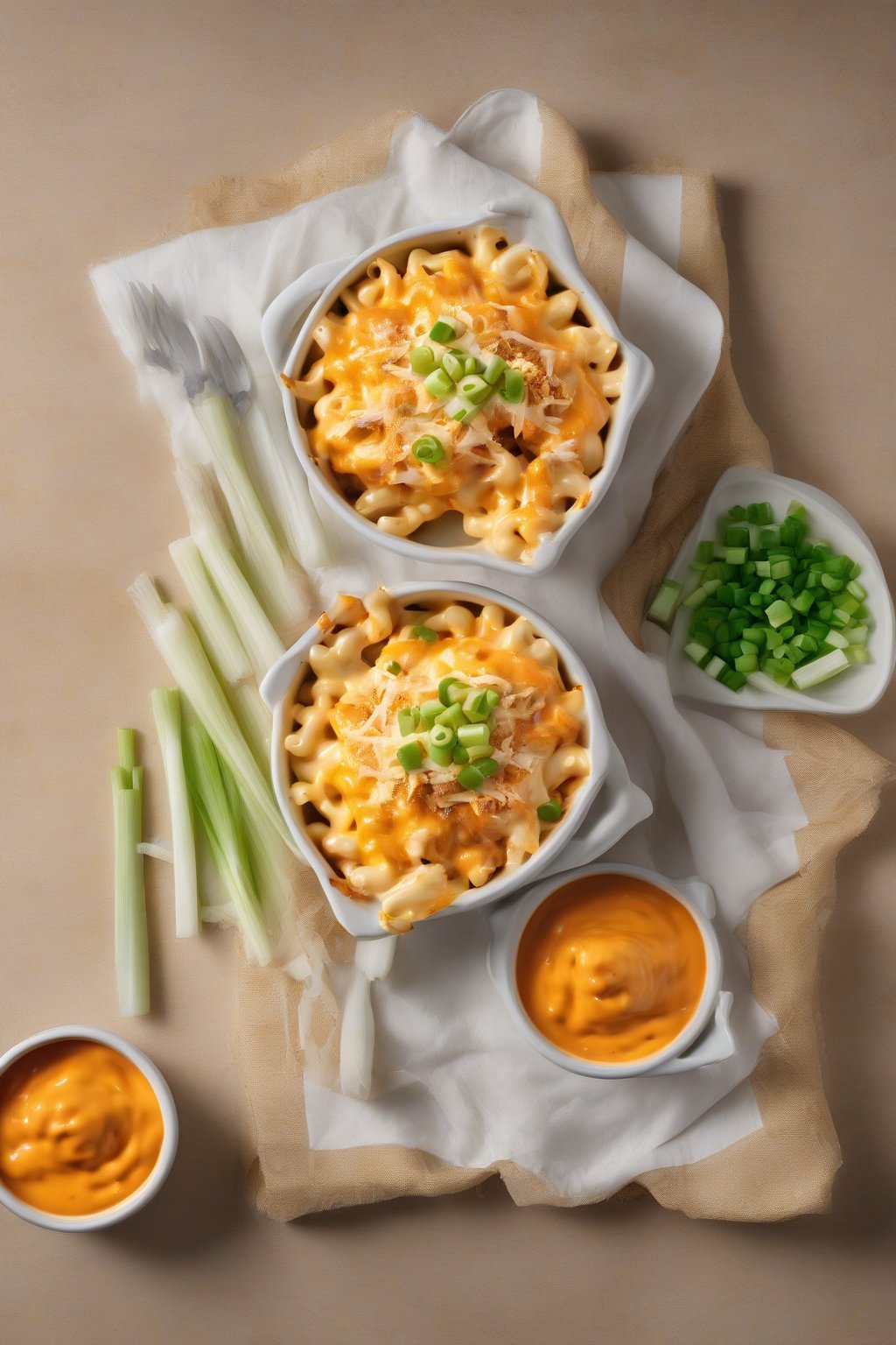 A high-resolution photo of buffalo chicken mac and cheese, fiery orange sauce with shredded chicken and melted cheese, topped with sliced green onions, under soft lighting.