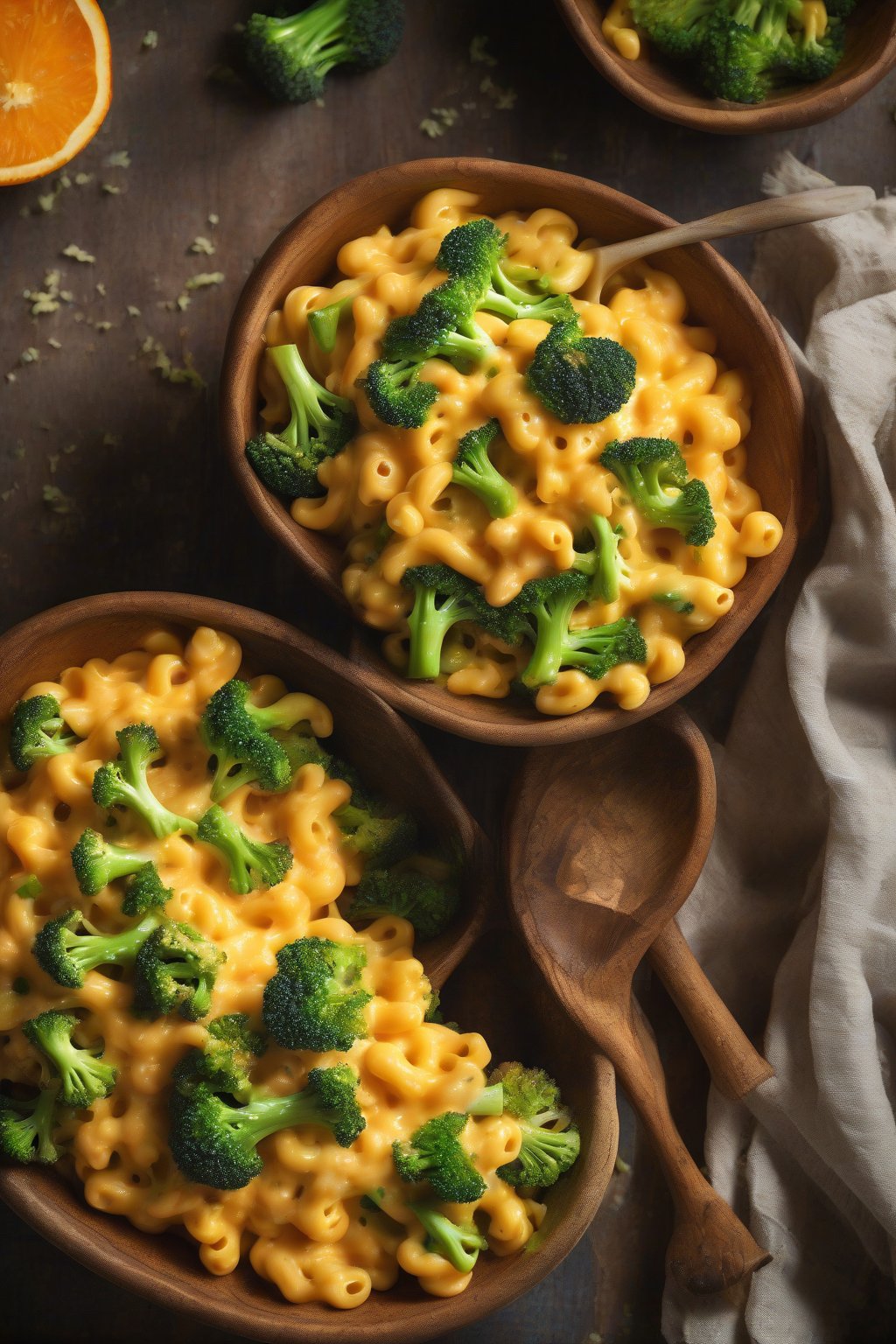 A high-resolution photo of veggie-loaded mac and cheese, vibrant green broccoli flecks in bright orange sauce, served in a rustic bowl, under soft lighting.