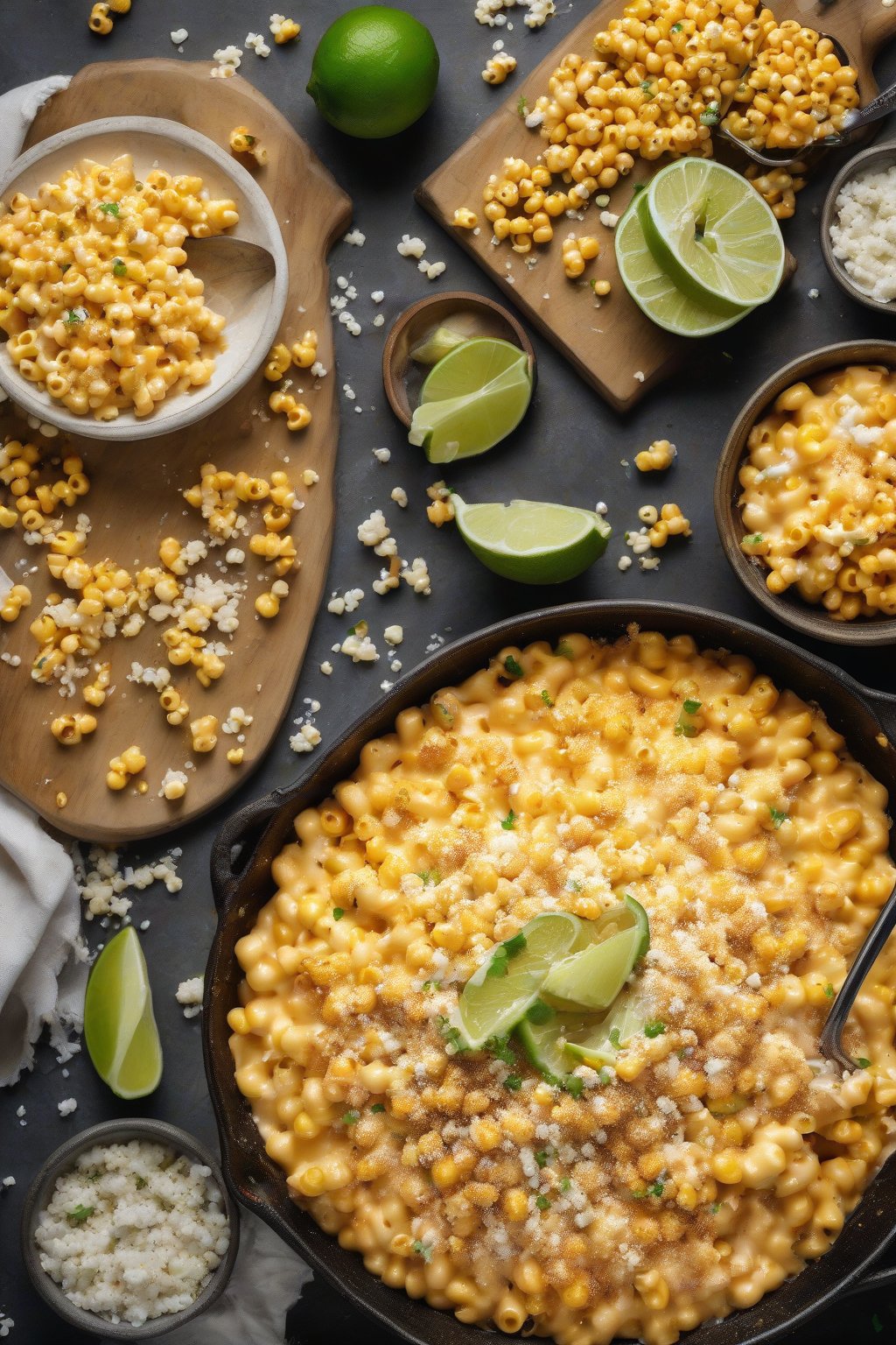 A high-resolution photo of Mexican street corn mac and cheese, golden corn kernels in spicy cheese sauce with lime wedges and cotija crumbles, under soft lighting.