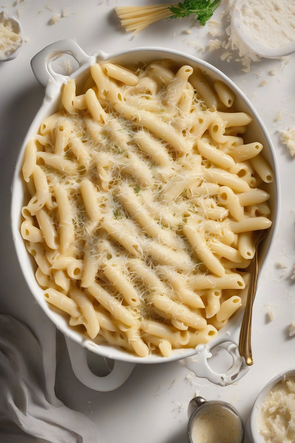 A high-resolution photo of one-pot garlic parmesan mac and cheese, twirly penne coated in glossy white sauce with visible garlic flecks, under soft lighting.