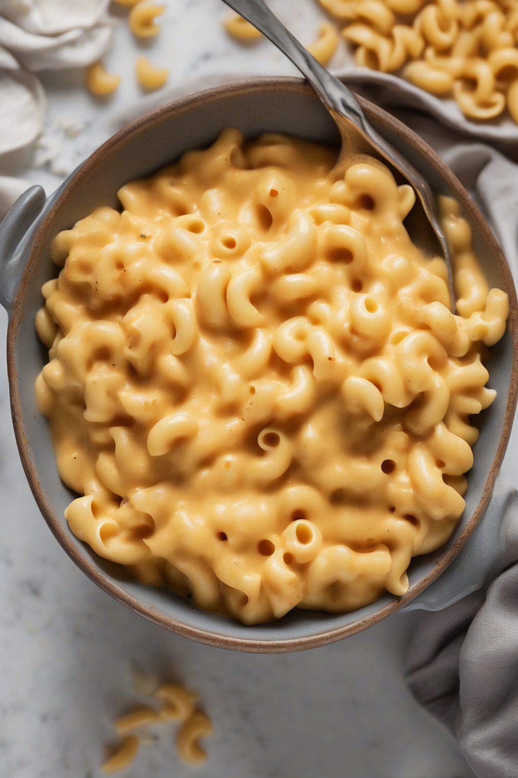 A high-resolution photo of Instant Pot creamy mac and cheese, ultra-smooth orange sauce clinging to elbow pasta in a modern bowl, under soft lighting.