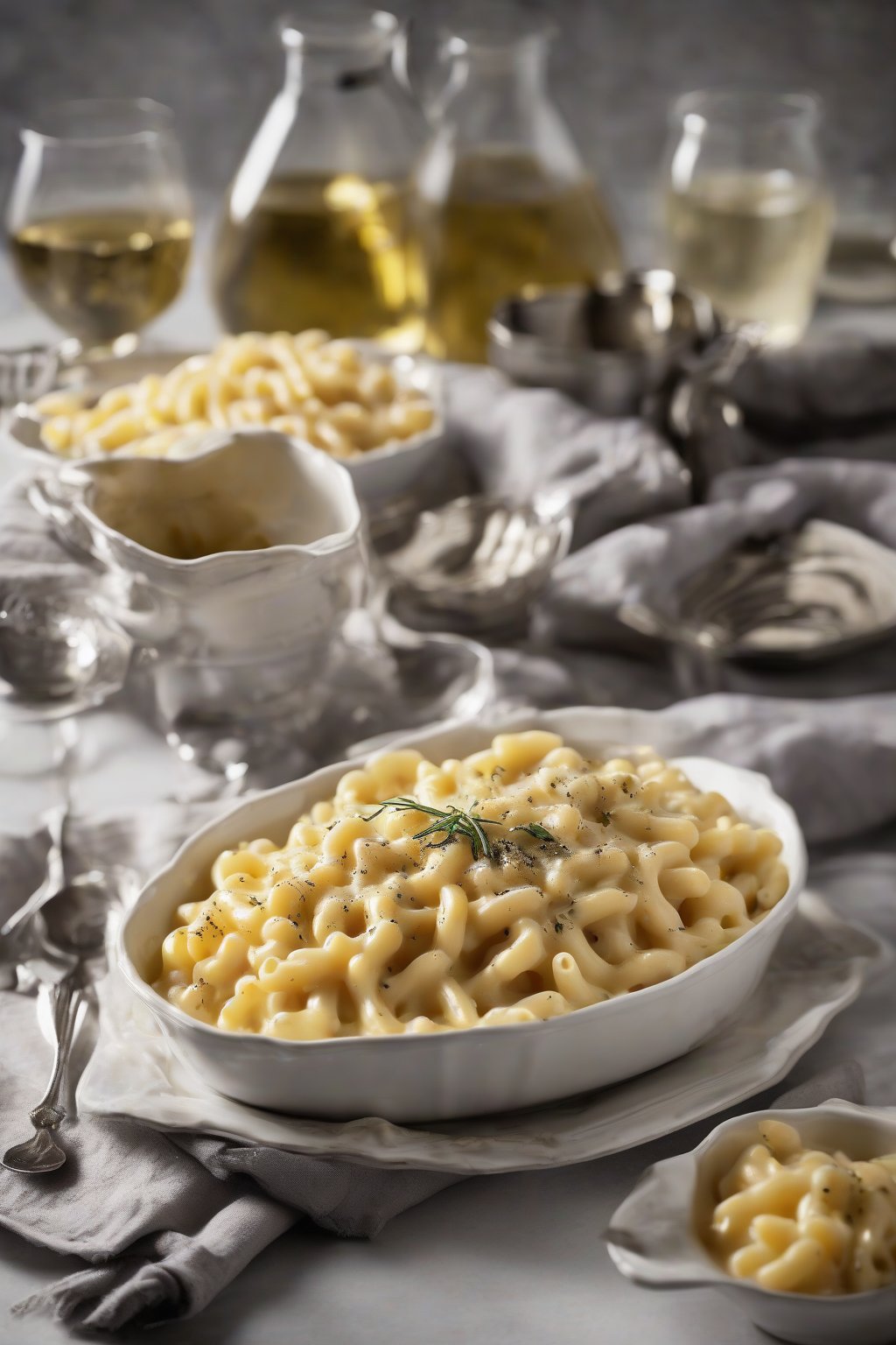 A high-resolution photo of truffle oil microwave mac and cheese, elegant creamy pasta drizzled with dark truffle oil shine, under soft lighting.