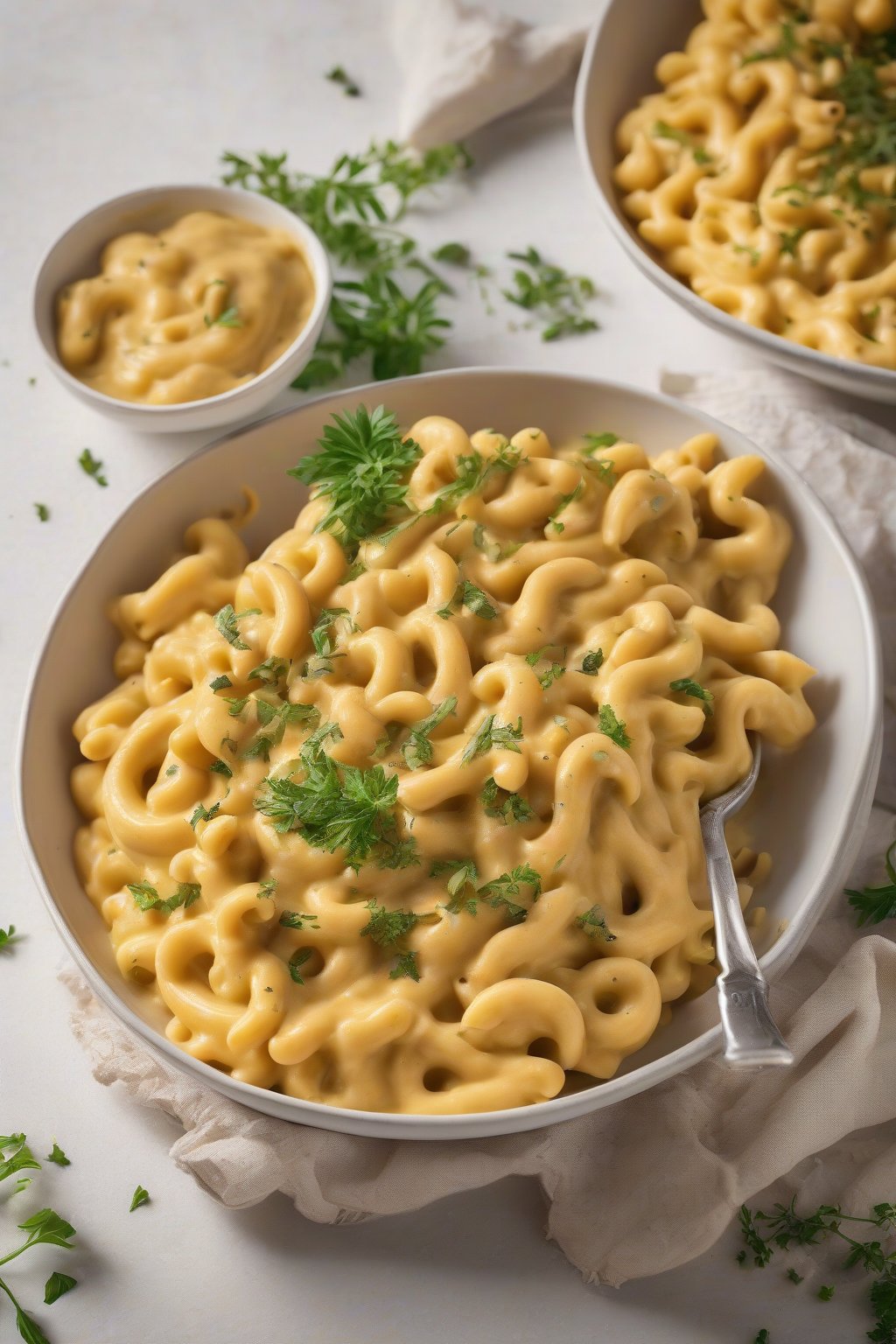 A high-resolution photo of vegan cashew mac and cheese, sunny yellow sauce on pasta with subtle cashew texture, garnished with herbs, under soft lighting.