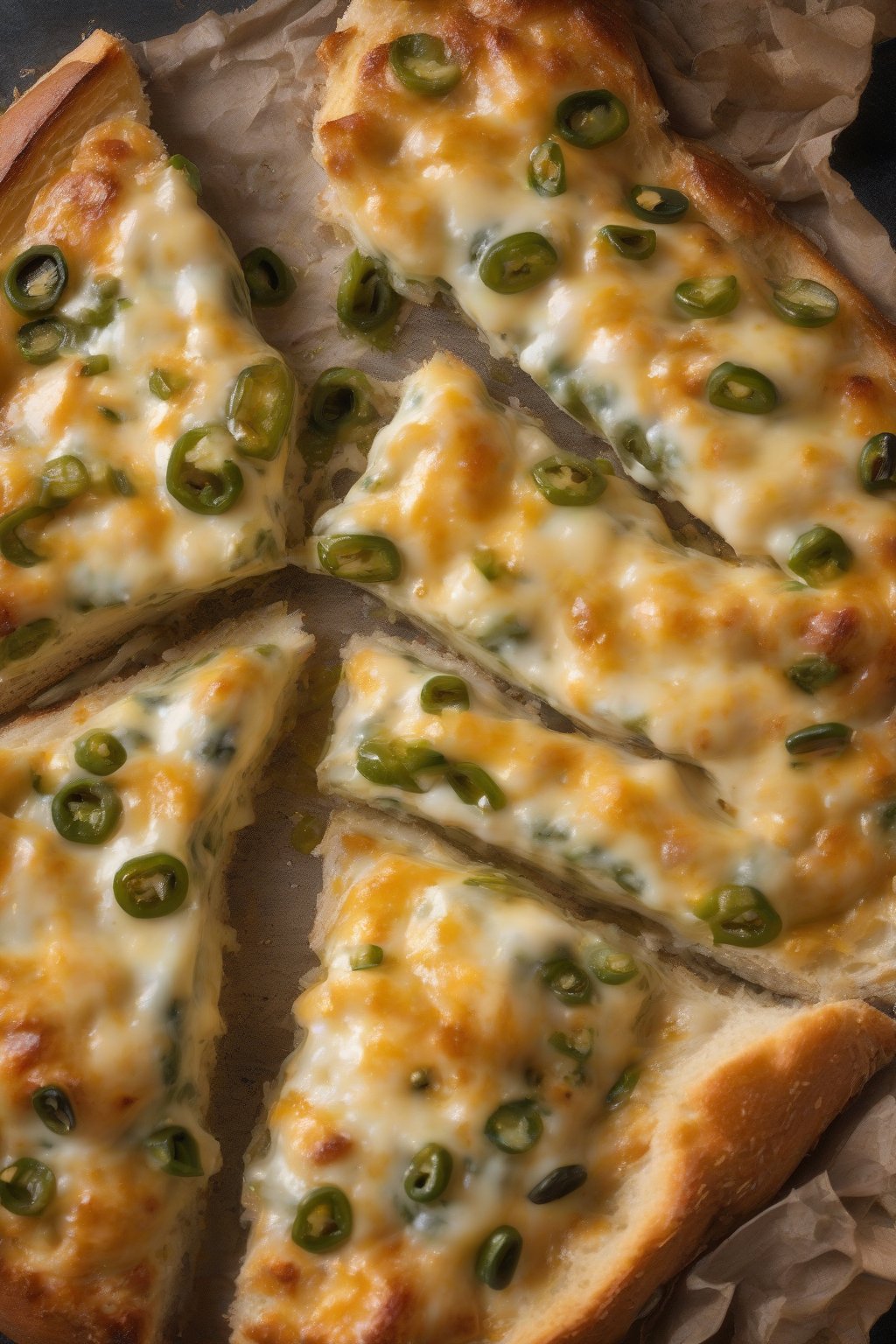 A high-resolution photo of cheesy jalapeño sourdough oozing melted cheese and green flecks, under soft lighting.